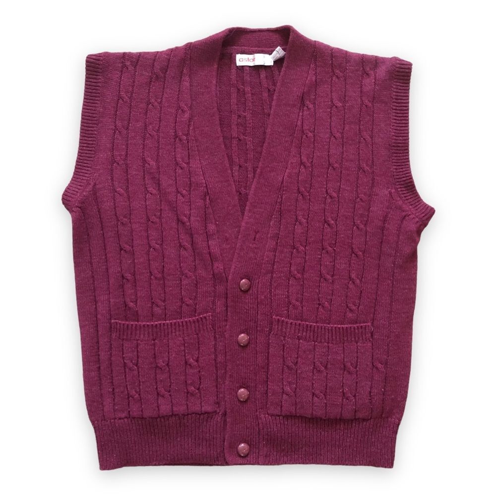 Vintage Astor One Burgundy Cable Knit Sweater Vest Size Large Grandpa Academic